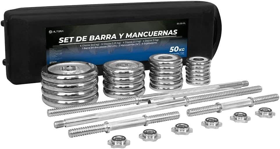 Set de Mancuernas, Barra y Disco 50kg pesas ajustables para ejercicio con estuche