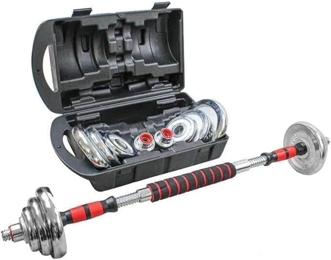 30KG Adjustable Dumbbell Set - Chrome Steel 2-in-1 with Premium Chrome Carrying Case with Connector Bar - Converts in Seconds from Pair Dumbbell to Bar for Strength Training (Silver, 30KG)