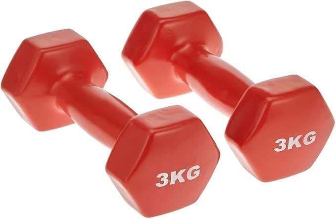 Set of 2 Vinyl Coated Hex Dumbbells - 3KG Each, Red - Non-Slip Neoprene Dumbbells for Strength Training, Workout & Home Gym