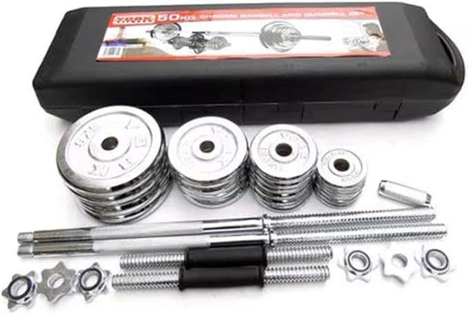Chrome Steel Adjustable Dumbbell Set with Premium Chrome Carrying Case with Connector Bar - Converts in Seconds from Pair Dumbbell to Bar for Strength Training (Silver, 50KG)
