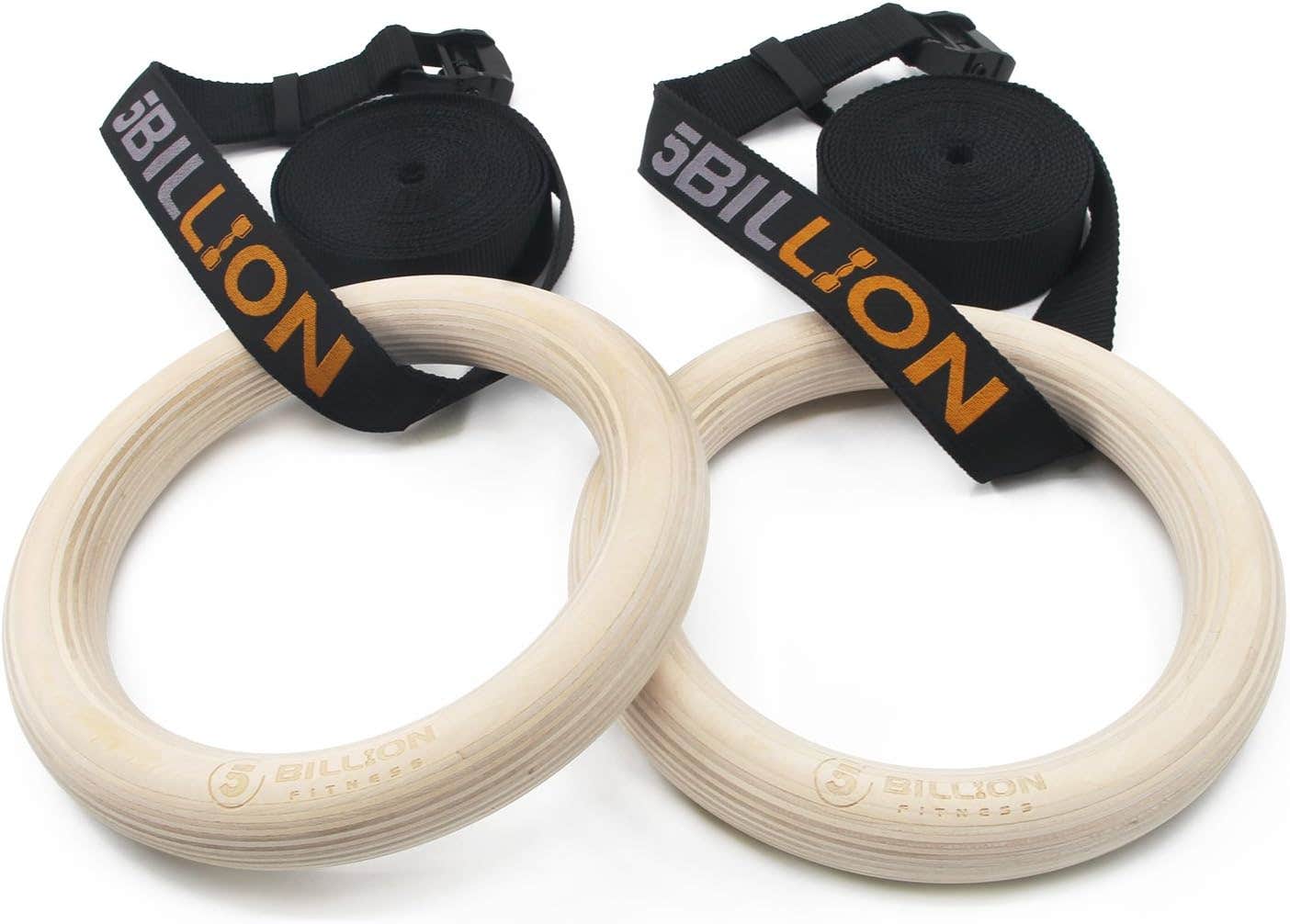 5BILLION Wood Gymnastic Rings - 32mm DIA - Home Gym & Fitness - Muscle Building & Strength Training
