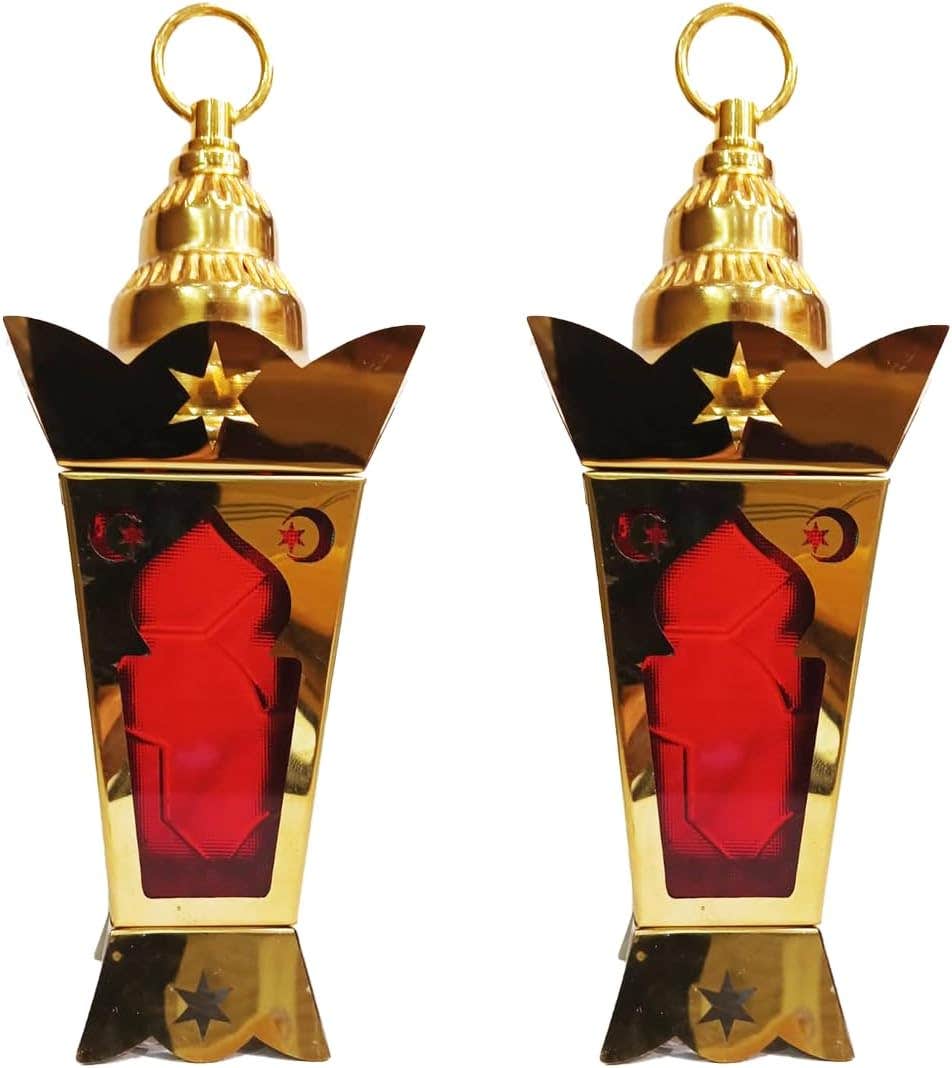 Set of 2 Gold Ramadan Lanterns with Red Panels, Star Design - Decorative Metal Candle Holders