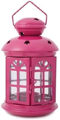 Pink Decorative Metal Lantern with Star Cutout Design and Hanging Handle - Glass Panels Candle Holder