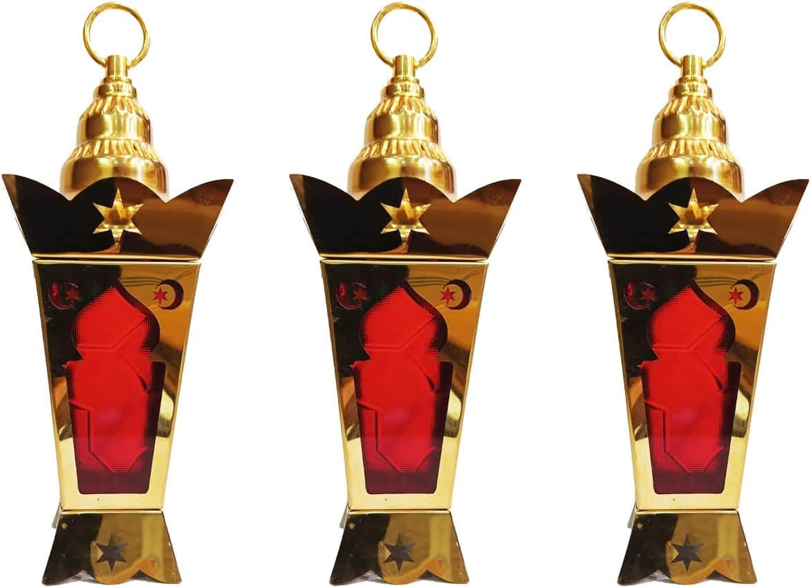 Set of 3 Gold and Red Islamic Ramadan Lanterns, Metal Crown Design