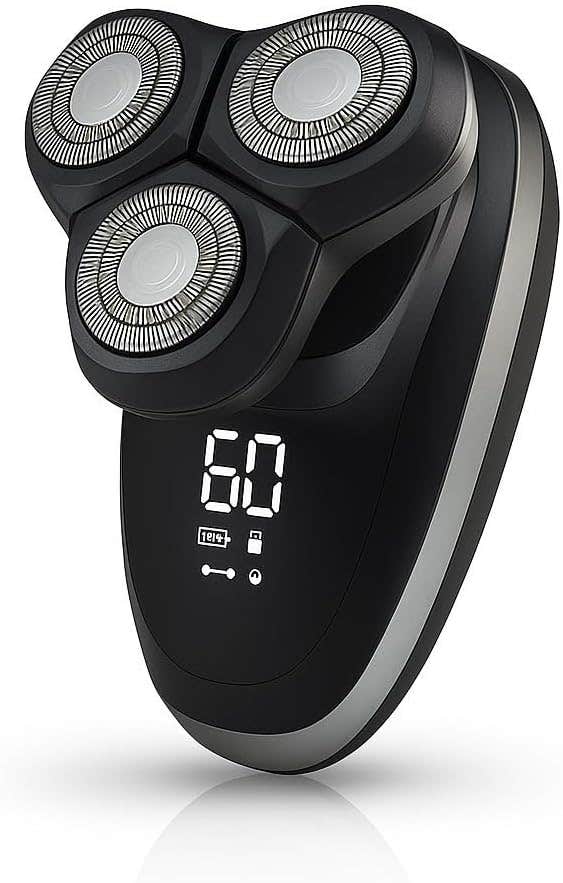 KM-T377 Electric Facial Shaver, Digital Display, Waterproof, 3 Rotating Heads, Black