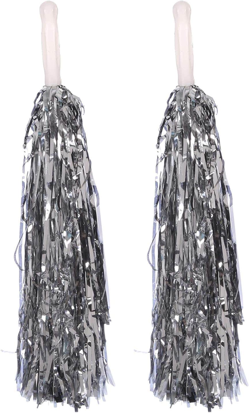 Pair of Silver Cheering Pom Poms - Durable Polyester Handles, Sporting Events & Parties