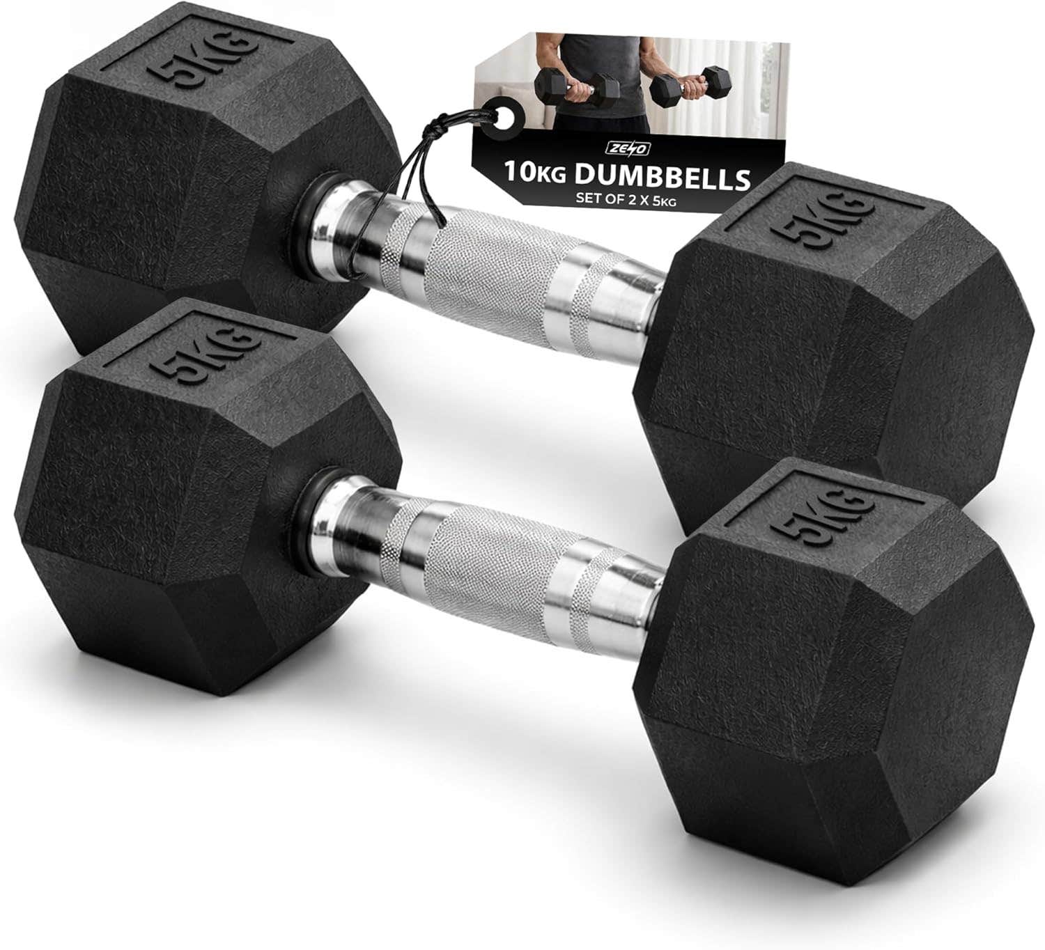 ZENO 10kg Hex Dumbbells Set | Non-Slip Rubber Handles | Black Alloy Steel