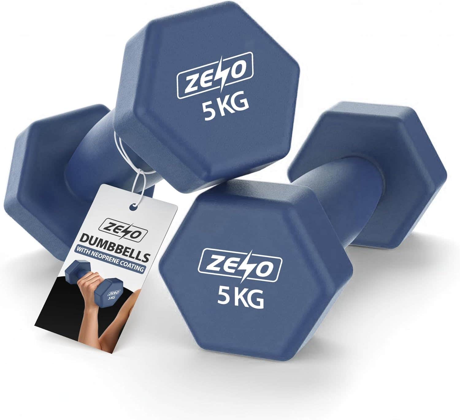 ZENO Neoprene Hex Dumbbells Set | 2 x 5KG Navy | Women's Hand Weights