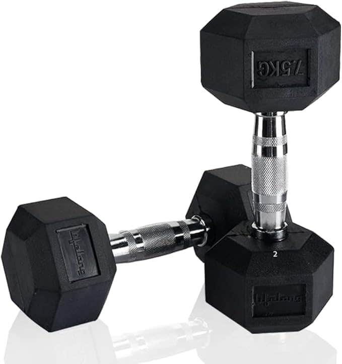 Lifelong Rubber Coated Hex Dumbbells Set - 7.5kg x 2 - Black