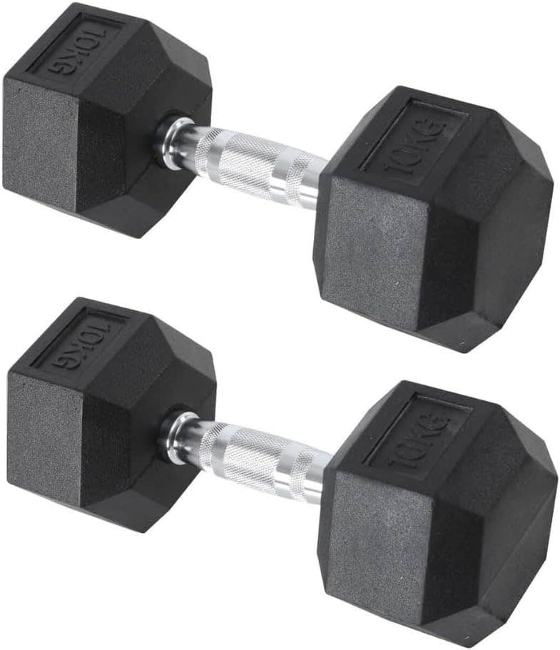 FFitness 10kg Rubber-Coated Hex Dumbbells - Non-Slip Grip, Black