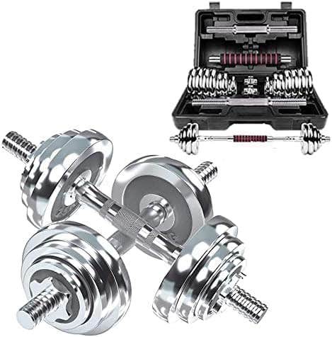20kg Adjustable Dumbbell Set with Connecting Bar and Carry Bag - Silver