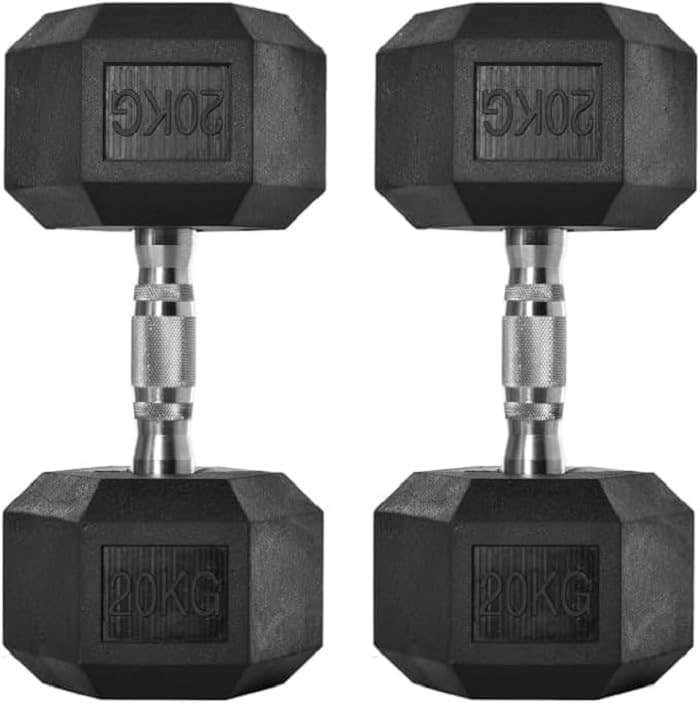 M-Store Imported Hexagonal Dumbbells 20 KG – Durable Rubber-Coated Free Weights for Strength Training & Gym Workouts