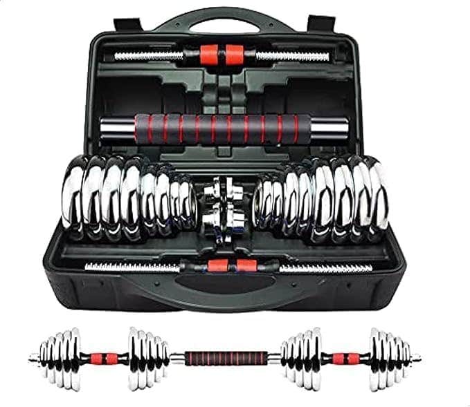 Adjustable Chrome Steel Dumbbell Set with Barbell Conversion | 15KG Silver
