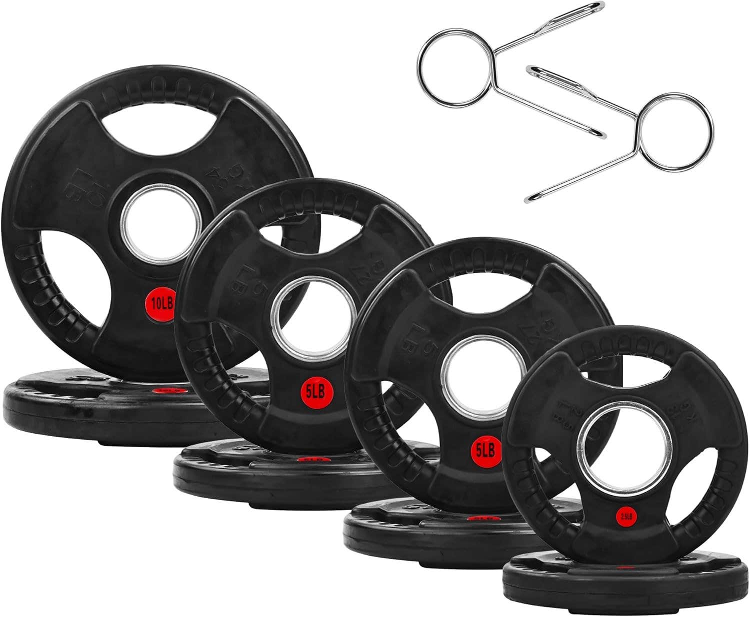 Fitvids Olympic Cast Iron 2-Inch Weight Plate for Strength Training & Weightlifting, Rubber Coate Style, 45LB Set With Safety Clips