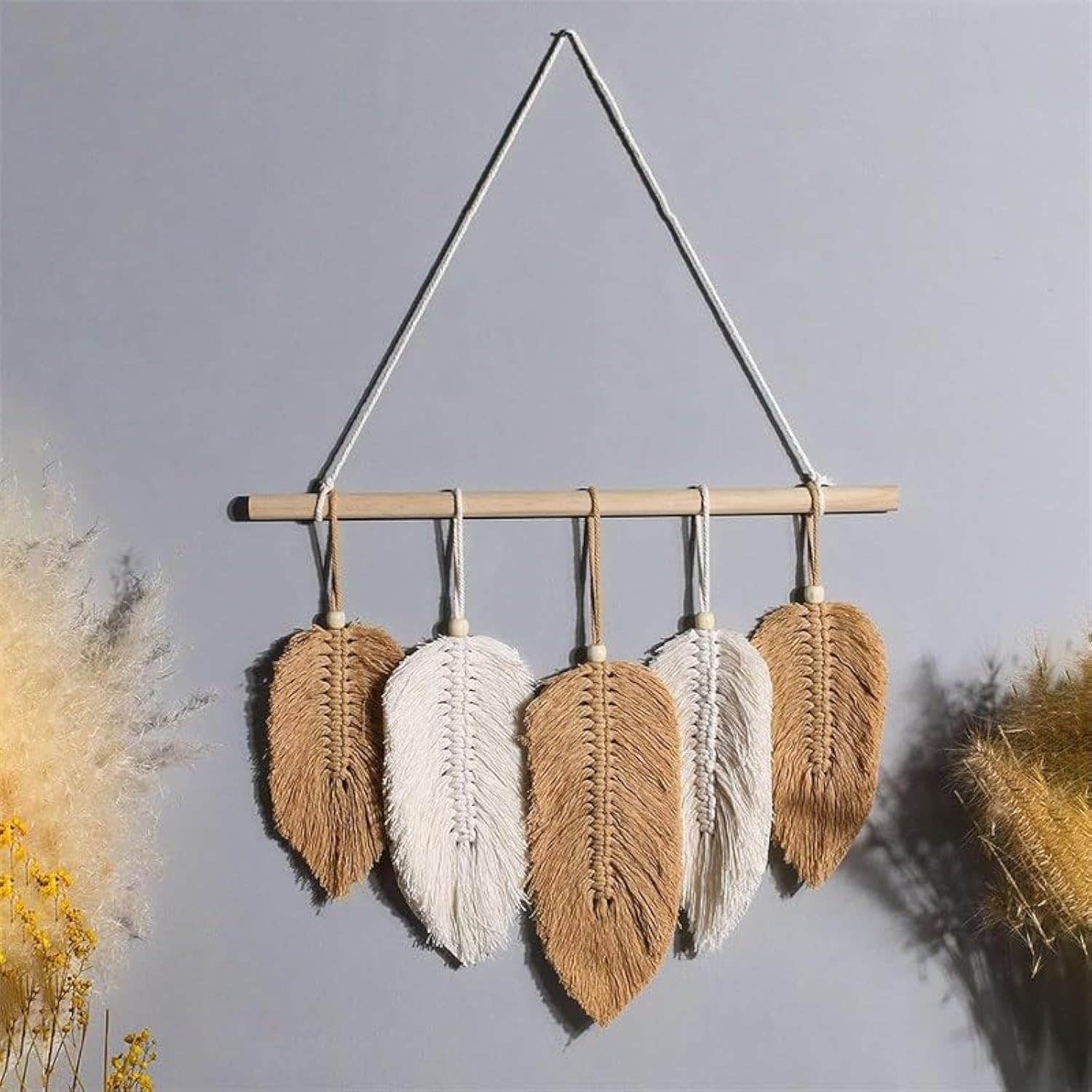 Handmade Brown Cotton Polyester Wood Leaf Macrame Wall Hanging - Home Gallery