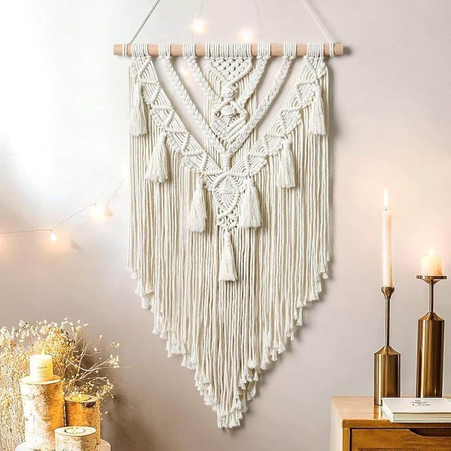 Handmade White Macrame Wall Hanging with Cotton/Polyester Blend - Home Gallery - 50x90 cm