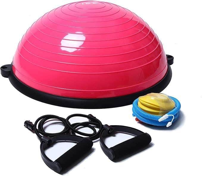 Balance Trainer, Fitness Strength Exercise Ball, Gym Ball, Training Half Ball, Diameter 58 cm with Resistance Cables and Pump, for Yoga, Gymnastics and Other Sports, SY-BAS1001 (Pink)