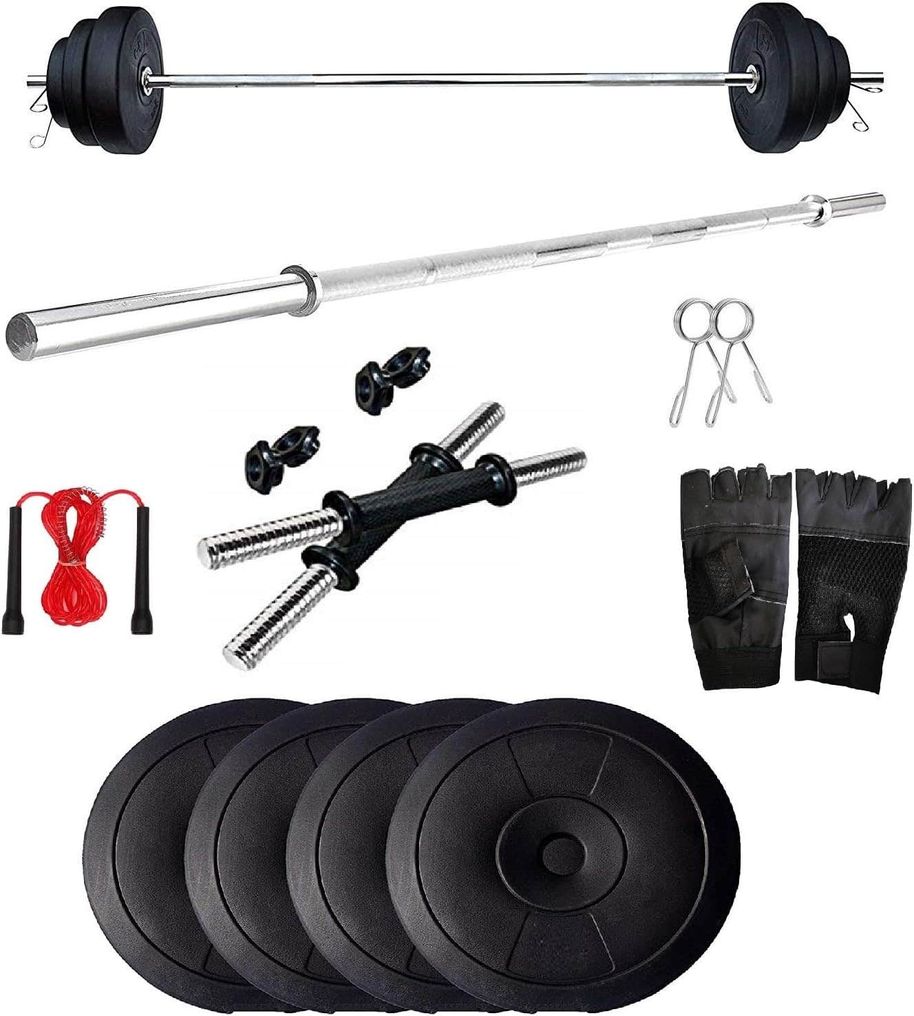Spanco Home Gym with 10 Kg. P.V.C Weight Plates (2.5 Kg. X 4 = 10 Kg.), Dumbell Rods, Straight Rod, Pull Bar, Gym Gloves & Skipping Rope for Fitness, Weight Lifting, Muscles Building, & Body Shaping