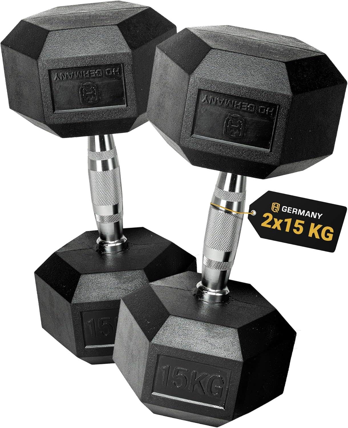 HQ Germany® Hex Dumbbells 2 x 15 kg Set | Odorless Rubber | No-Roll Head