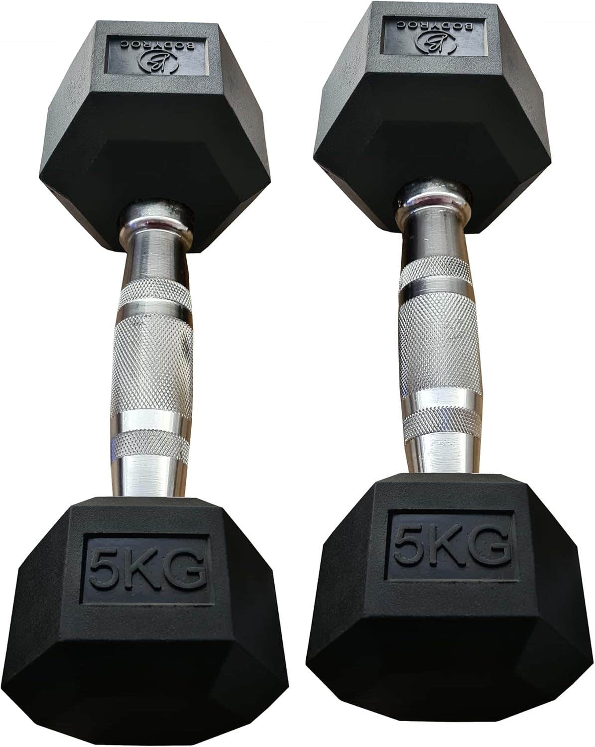 BodyRoc Rubber Encased Hex Dumbbells Set - Strength Training Weights (5kg Pair)