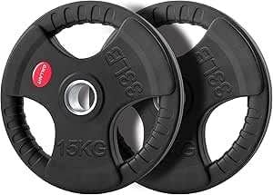 Rubber Coated 15kg Olympic Weight Plates Pair with Tri Grip - Set of 2