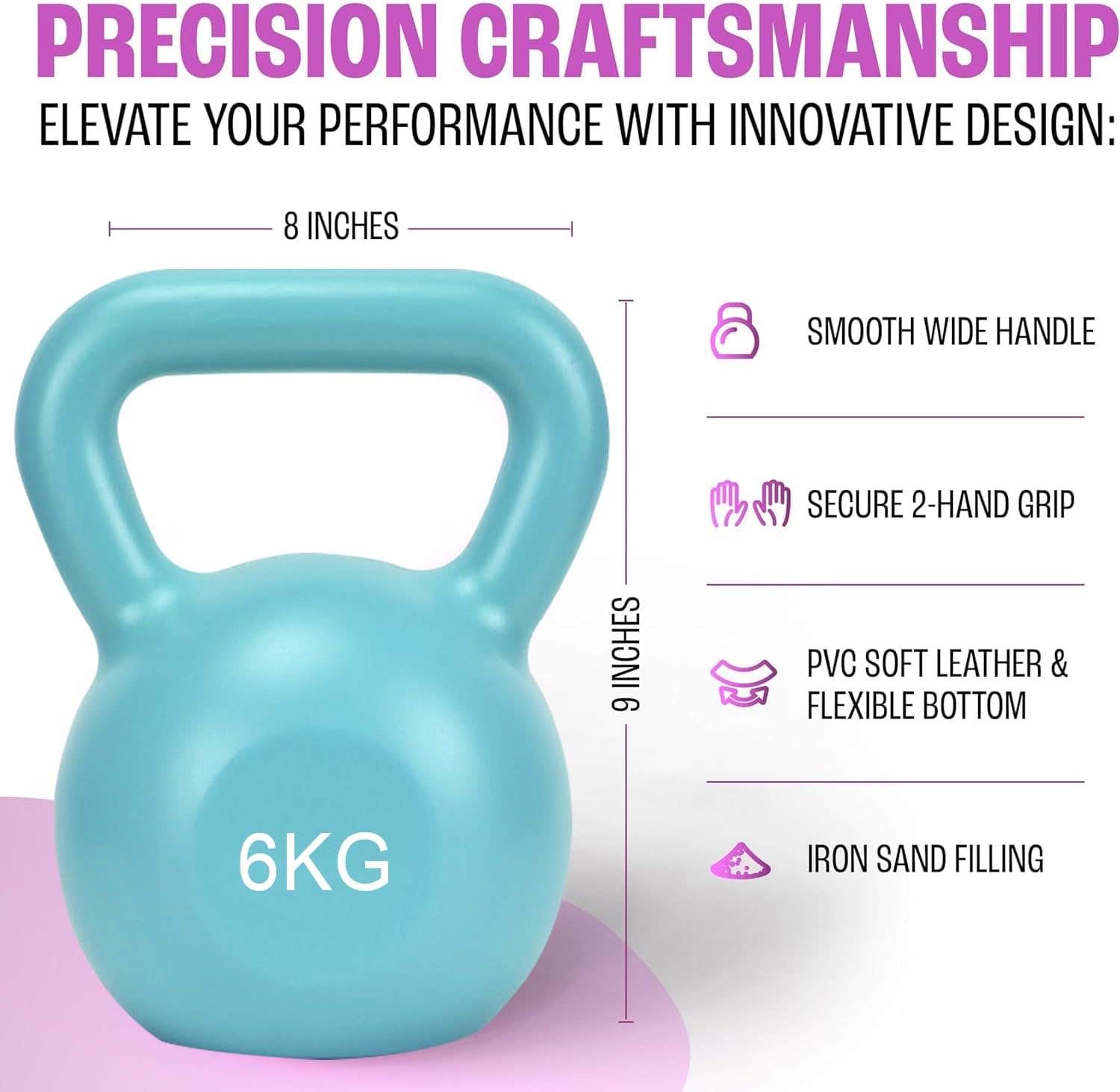 ZENSUKYE 6kg Pink Purple Light Green Cement Kettlebell - Corrosion-Resistant & Ergonomic