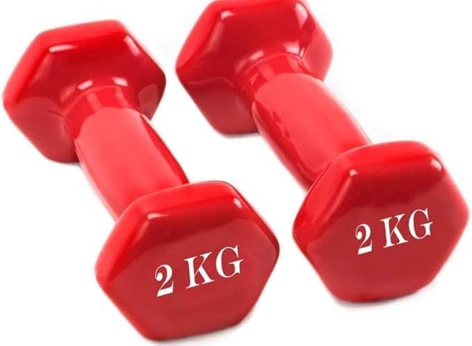 Vinyl Coated Hex Dumbbells Set - Red, 2KG x 2 - Non-Slip Grip