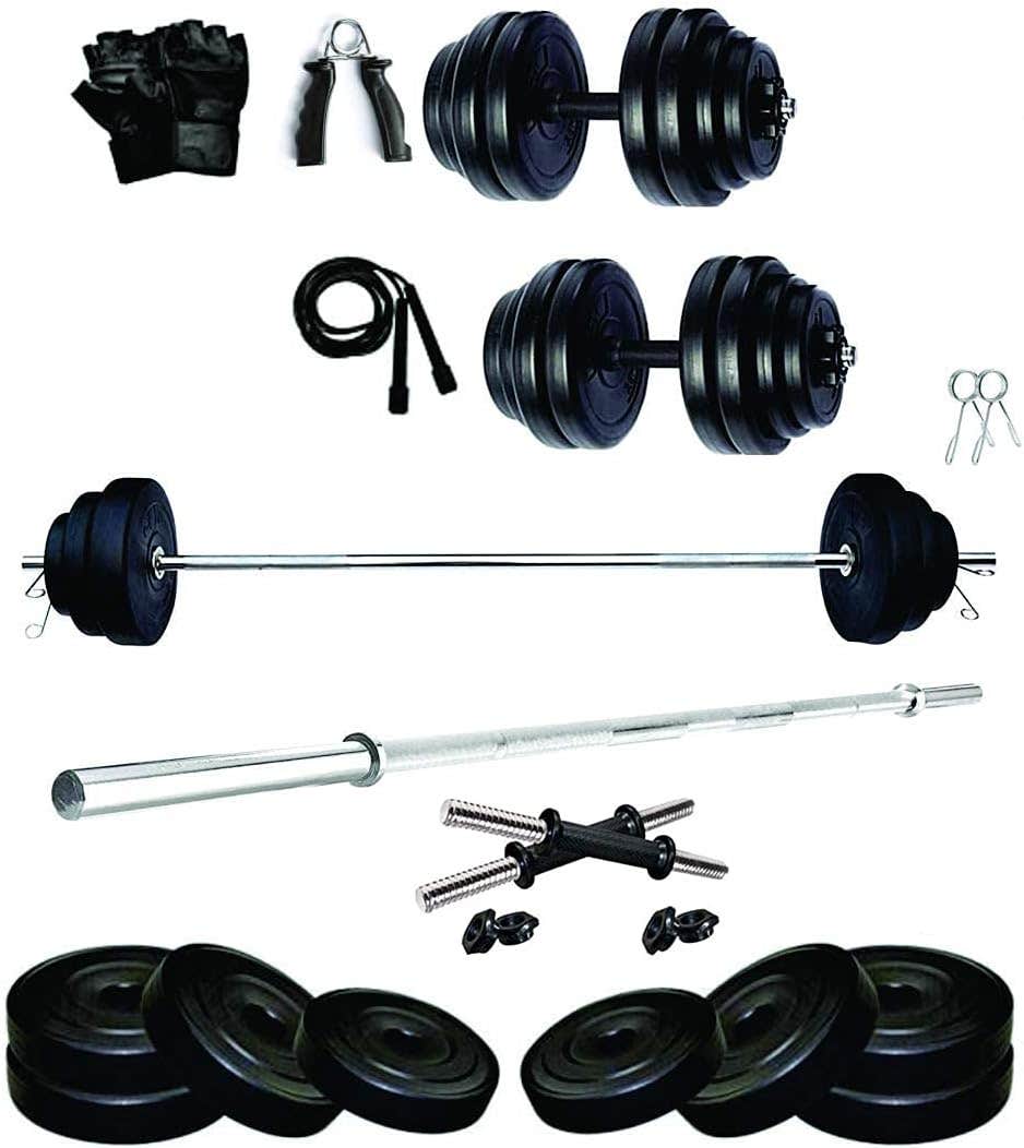 Pvc Plates 12 Kg Home Gym Combo With 3 Feet 19mm Straight Rod & Dumbbells with Gym Accessories, Black