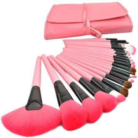 Handle Makeup Tool Set with Leather Pouch Bag - 24 Pieces, Champagne Pink