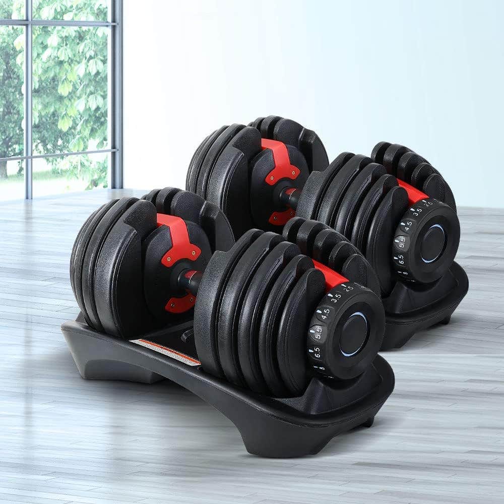 Everfit 24kg Dial Adjustable Dumbbells Set with Safety Lock - Black
