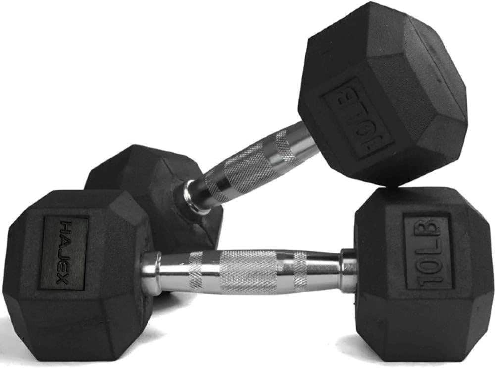 Rubber Encased Hex Dumbbell Pairs, Hex Dumbbells with Chrome Handle (5-100lbs Dumbbell Pairs)