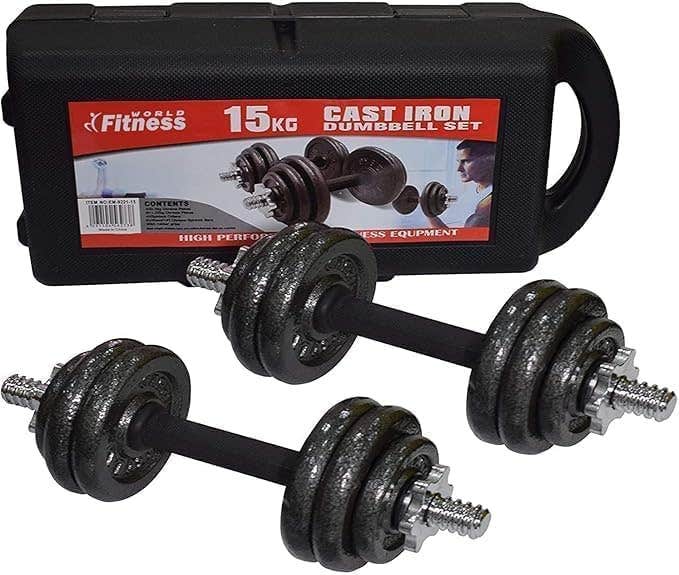 Dumbbell and Barbell Set for Weight Lifting Exercises with Storage Box, 15 kg (BLACK, 15 KG)