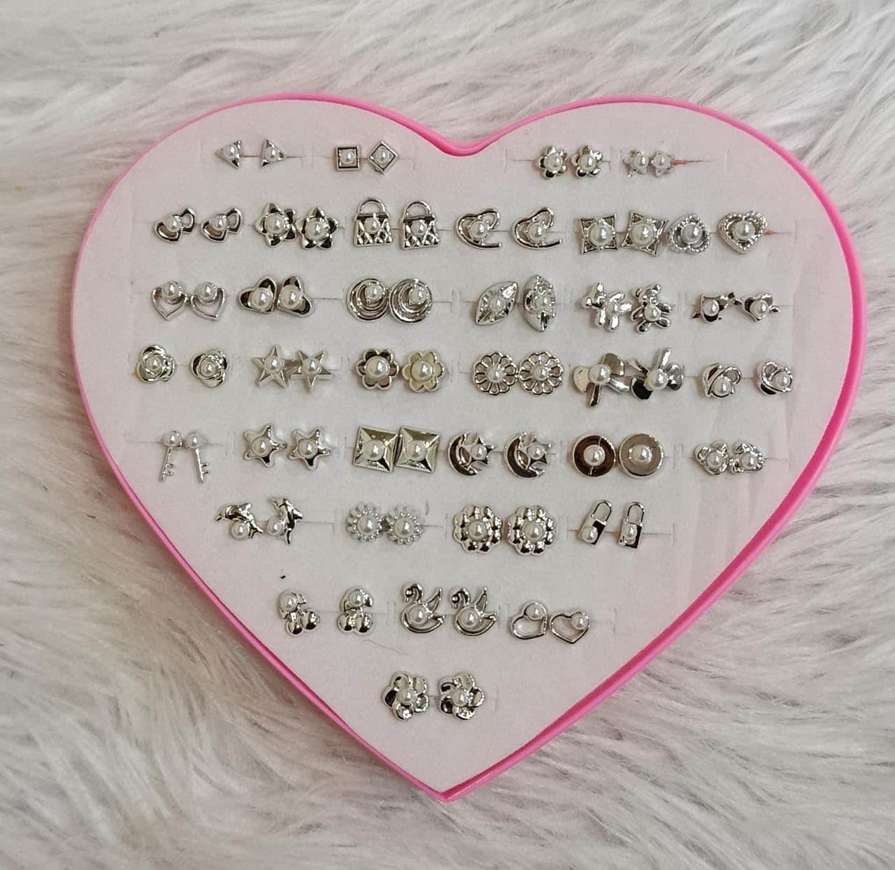 Earrings for Girls with Box of 36 Pairs Small Stud Hypoallergenic Multi Designs PVC Silver