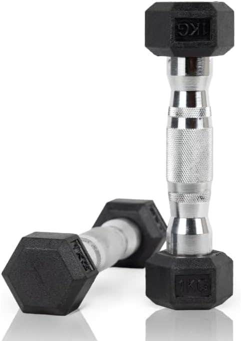 Hexagonal Dumbbells, 1KG Each, Silver and Black, Textured Steel Handle with Neoprene Grip, Set of 2