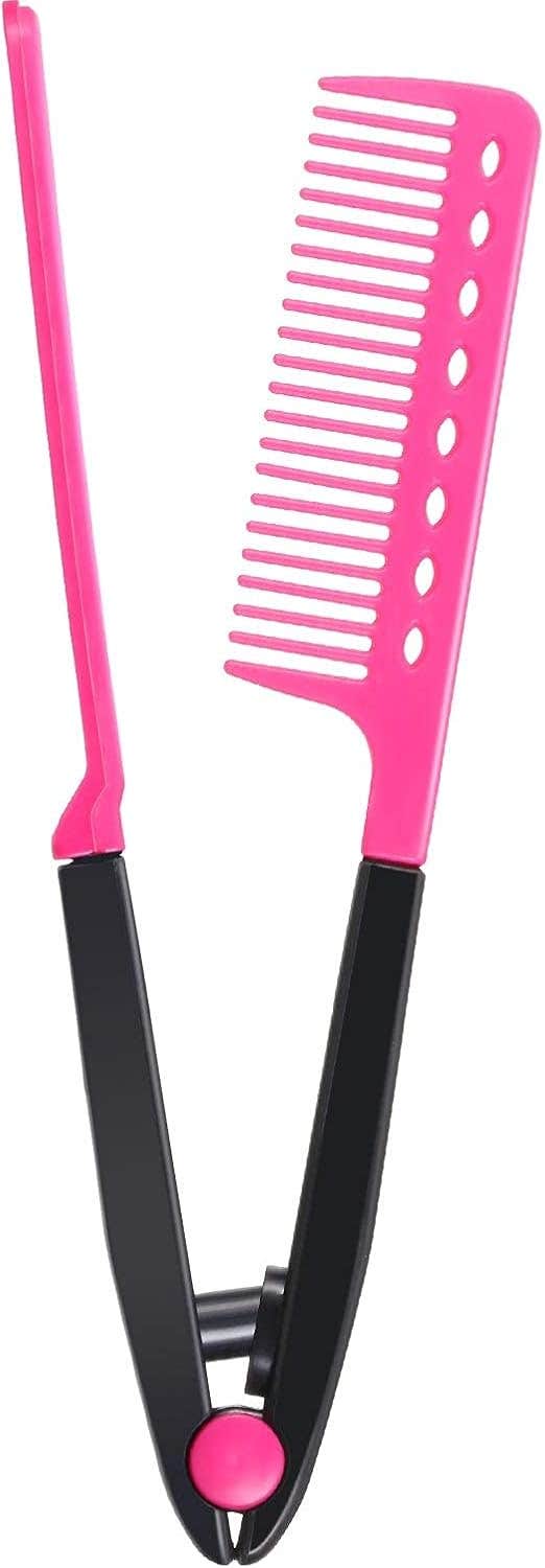 Alexvyan Pink Straightening Comb Salon Hair Brush Combs Hairdressing Styling Hair Straightener V-shaped Straight Comb Straightener Comb for Knotty Hair (Pink)
