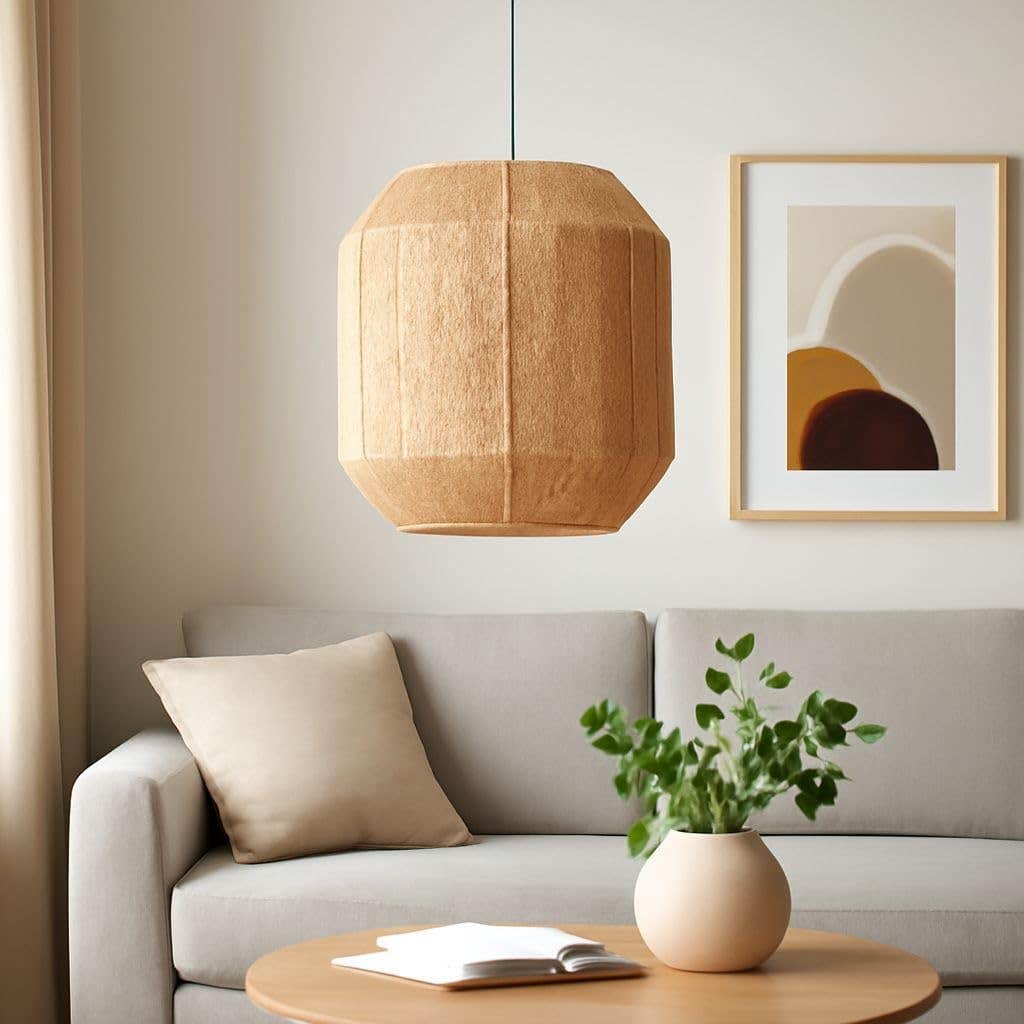 Modern Geometric Pendant Lamp in Natural Jute Fabric, Octagonal Design