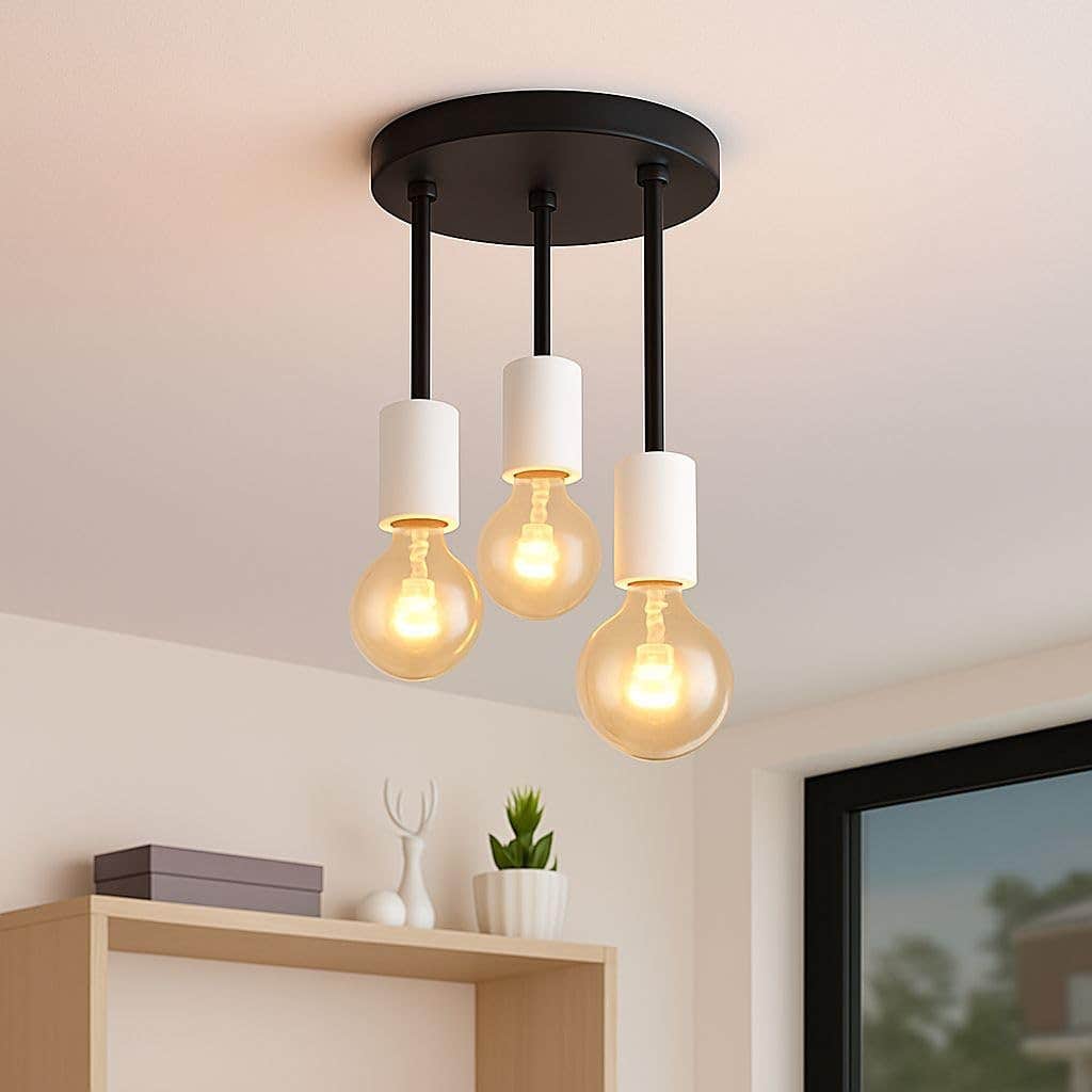 Modern Black and White Three-Light Ceiling Fixture - Metal Construction