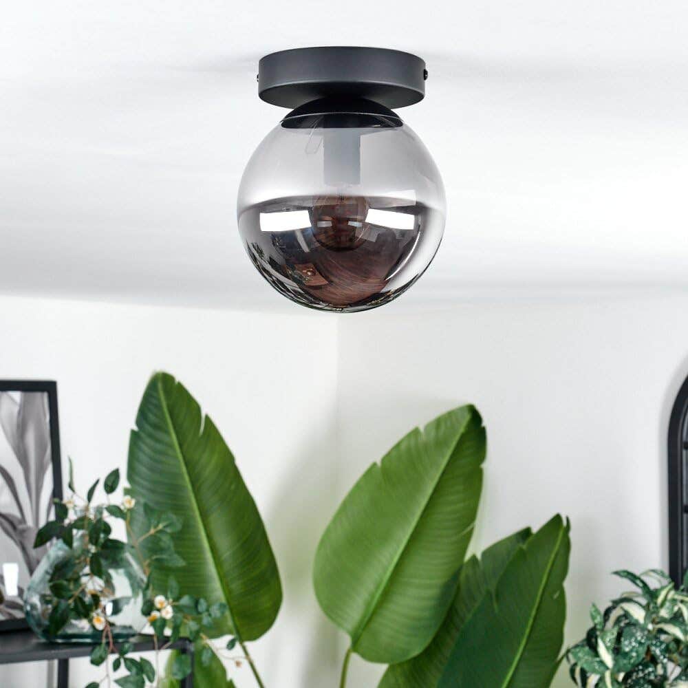 Modern Smoke Grey Glass Globe Ceiling Light Fixture, Black Mount - Indoor Lighting