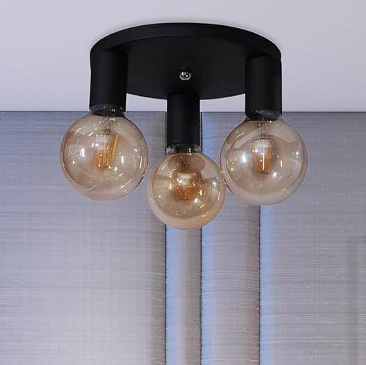 Modern Black Metal Ceiling Light with 3 Amber Glass Globes