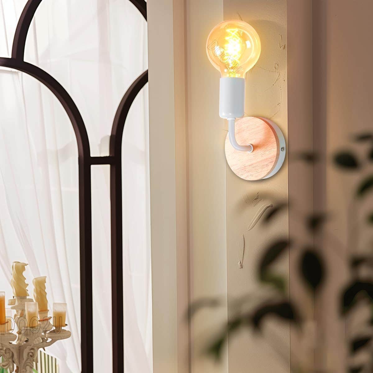 Modern White Metal Wall Sconce Light with Wood Base - Ambient Globe Bulb Lighting