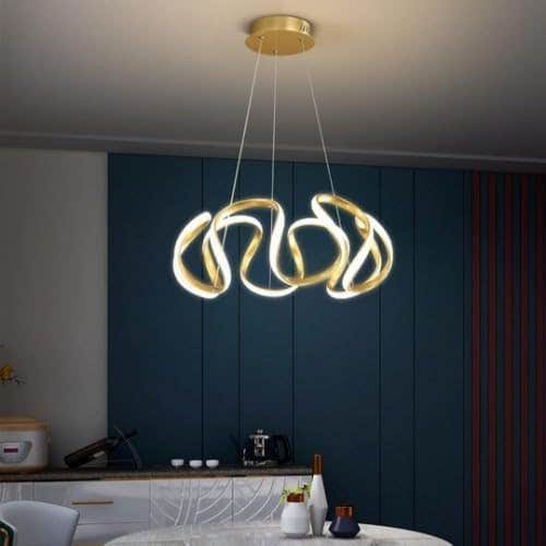 Modern LED Gold Pendant Light with Remote Control - Curved Wave Design - 3 Color Lights - Dining Room Chandelier