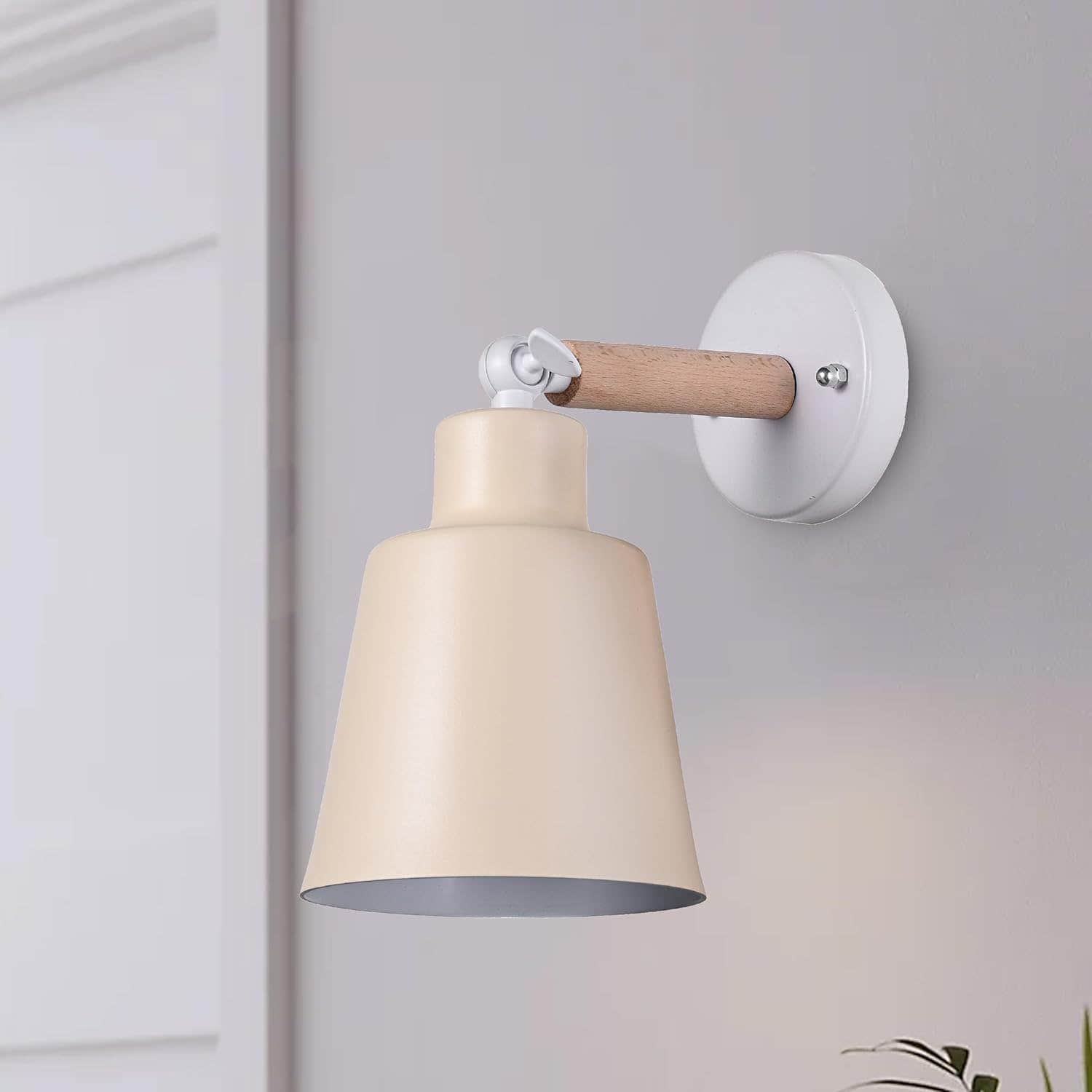 Modern Wooden Arm Wall Sconce Light - Cream Shade, Adjustable Head