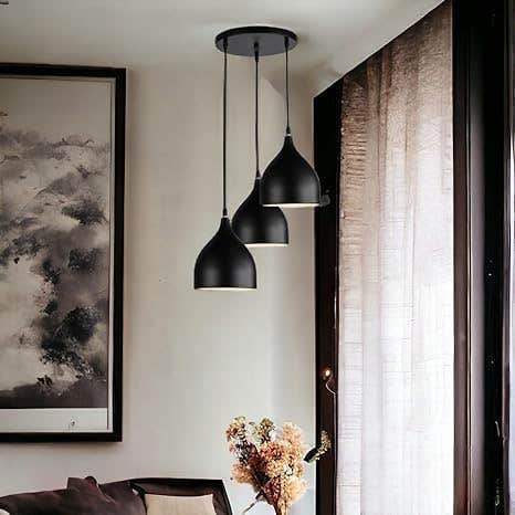 Black Metal 3-Light Pendant Ceiling Fixture | Adjustable Height | Modern Design