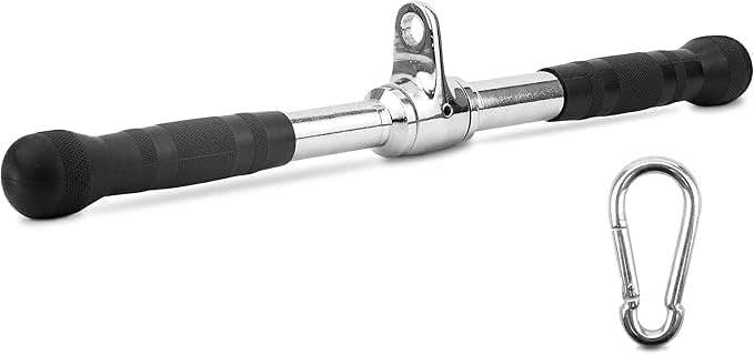 Straight Bar Cable Attachment for Gym, LAT Tricep Pull Down Bar with Rubber Handle Grip Carabiner Included