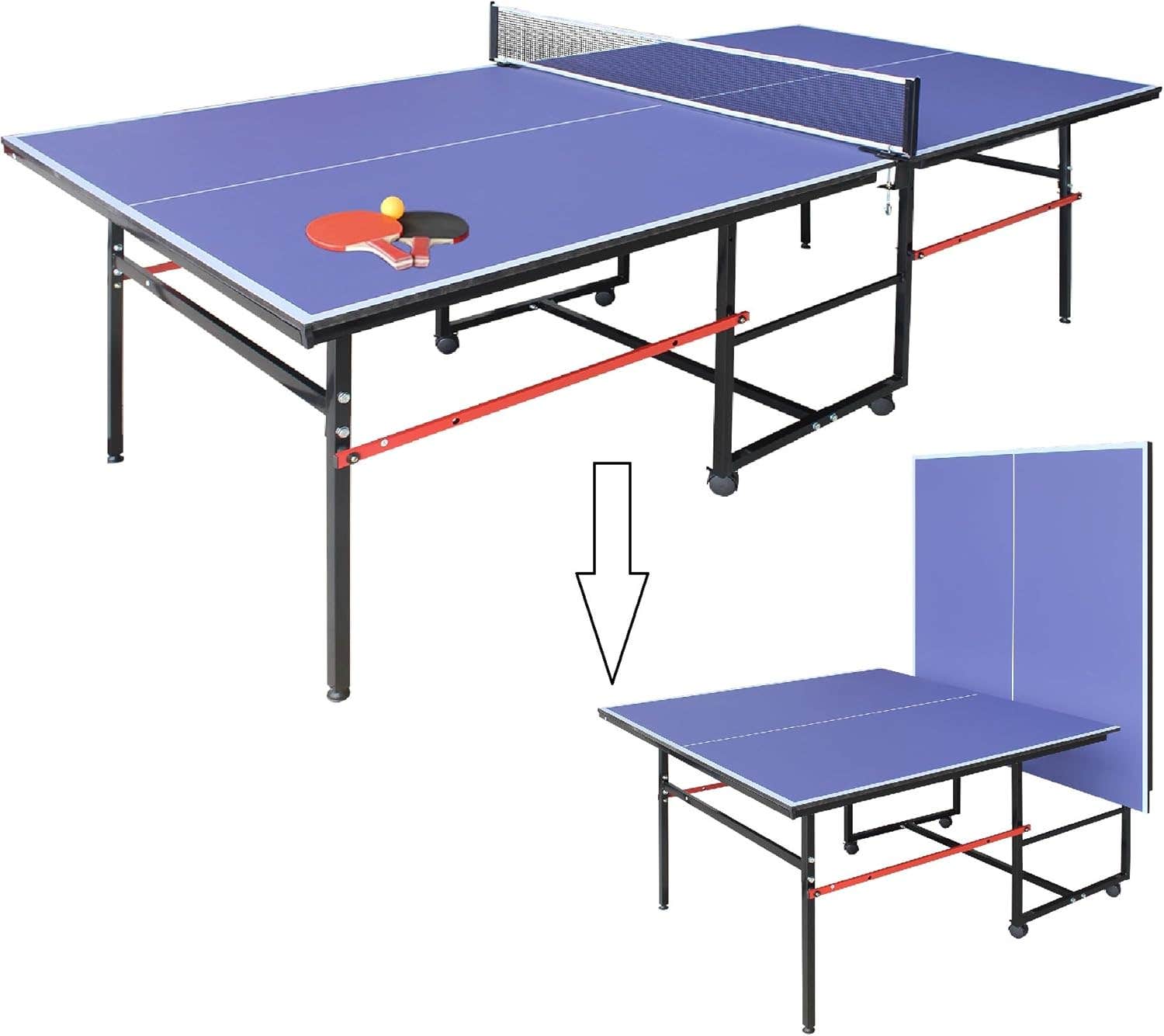 Table Tennis Table, 8FT/9FT Portable Mid-Size Ping Pong Table for Family Game Rooms, Professional MDF Indoor Table Tennis Table w/Net, 2 Paddles, 3 Balls,Foldable for Easy Storage
