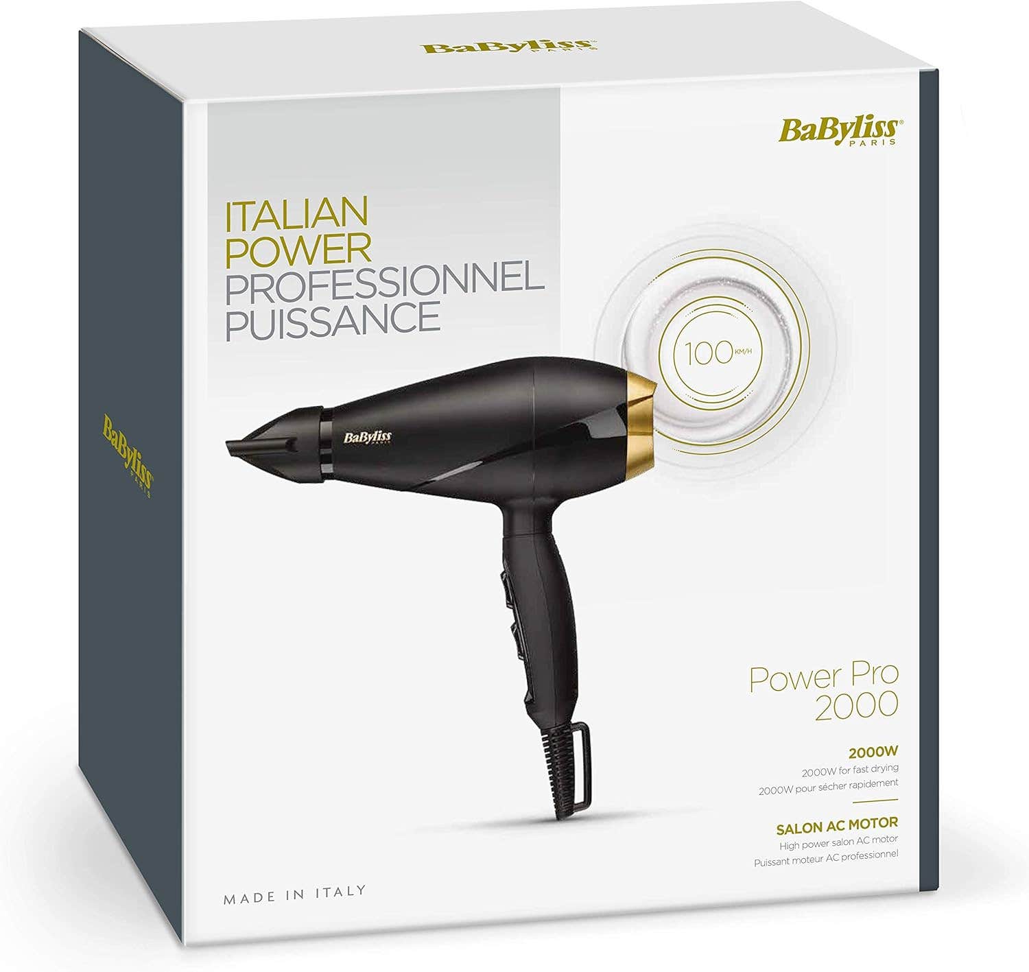 Babyliss Hair Dryer Power Pro 2000, Professional AC Motor 2000 Watts, 2 Heat & 2 Speed Settings, Lockable Cold Shot, Made in Italy, Black/Gold - 6704E