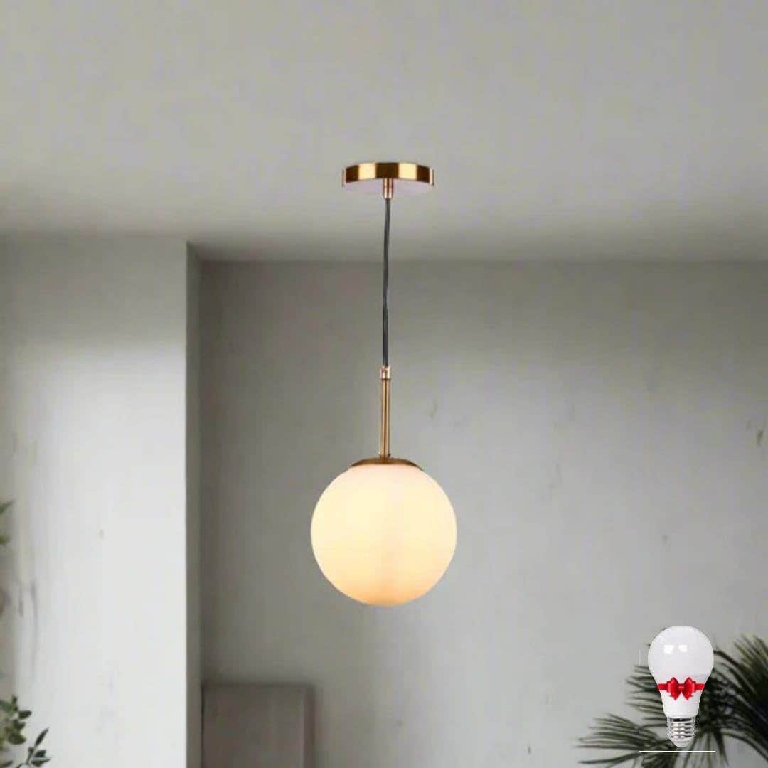 Modern Globe Pendant Light, Copper Finish, White Glass Shade, Adjustable Hanging Fixture
