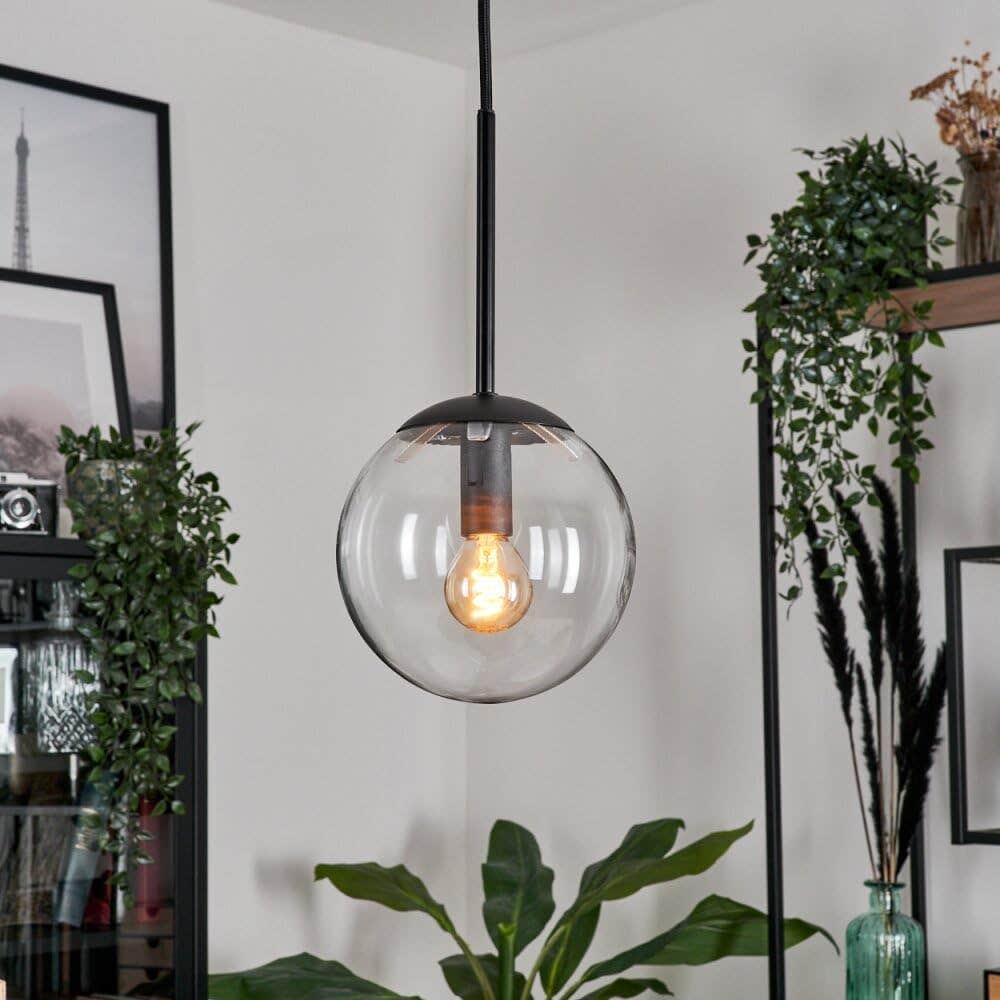 Modern Black Metal Globe Pendant Light, Clear Glass Shade, Contemporary Hanging Lamp - 60CM Length