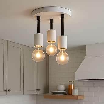 Modern Vintage 3-Bulb E27 LED Ceiling Light - White * Black Metal - Dining Room, Kitchen, Living Room - light square.