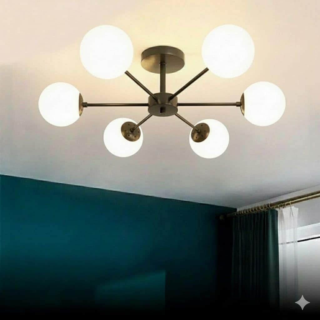 Modern Sputnik 6-Light Semi Flush Mount Ceiling Light, Black Finish, White Globe Shades